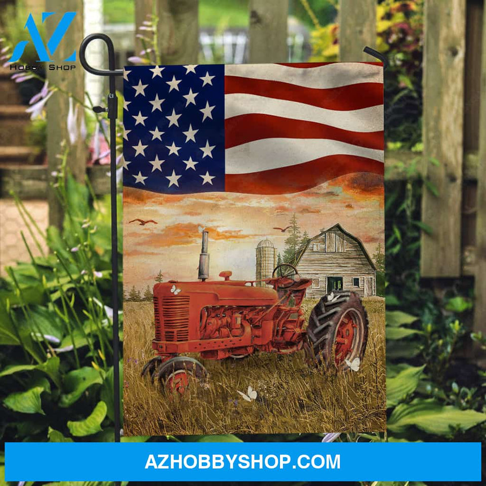 Amazing tractor, Rice field, Beautiful US flag, Orange sunset - Jesus Flag