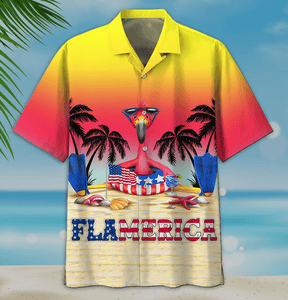 American Flag Flamingo Flamerica 1 Hawaiian Graphic Print Short Sleeve 