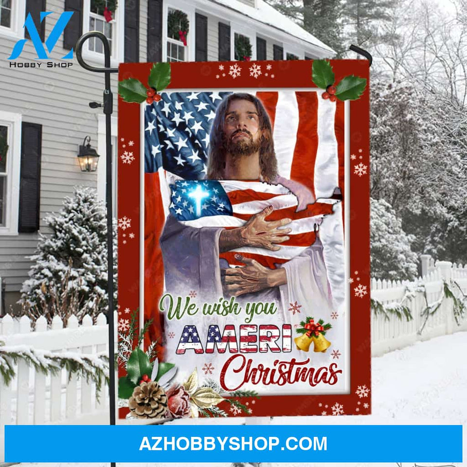 American flag, Jesus painting, Christmas decoration, We wish you Ameri Christmas - Jesus Flag