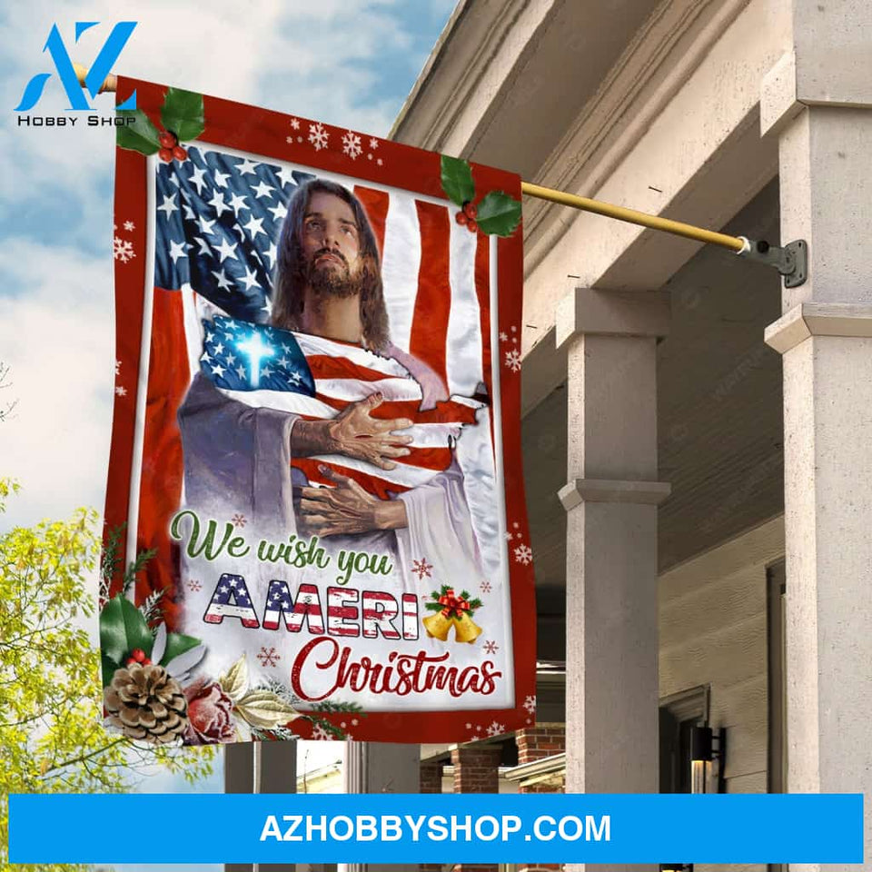 American flag, Jesus painting, Christmas decoration, We wish you Ameri Christmas - Jesus Flag