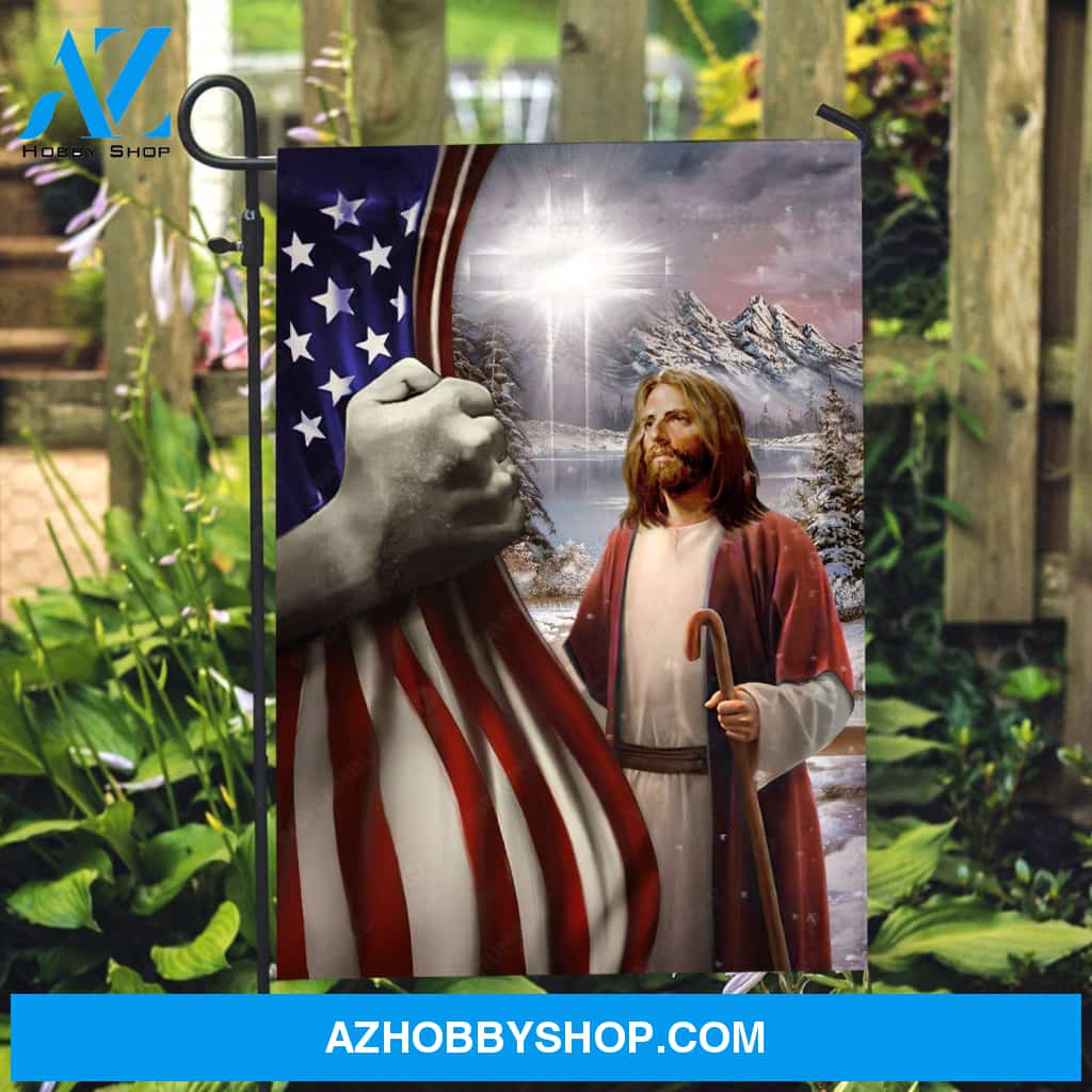 American flag, Jesus painting, Great cross, Winter season, Snow valley - Jesus Flag