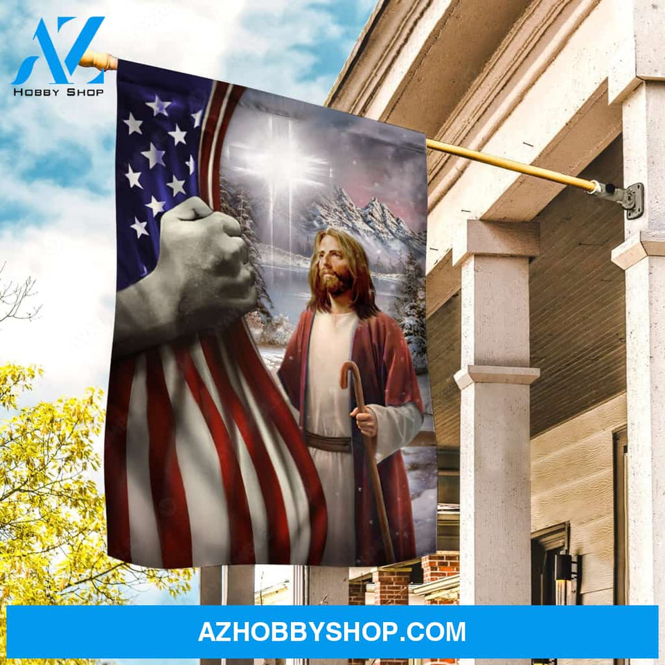 American flag, Jesus painting, Great cross, Winter season, Snow valley - Jesus Flag