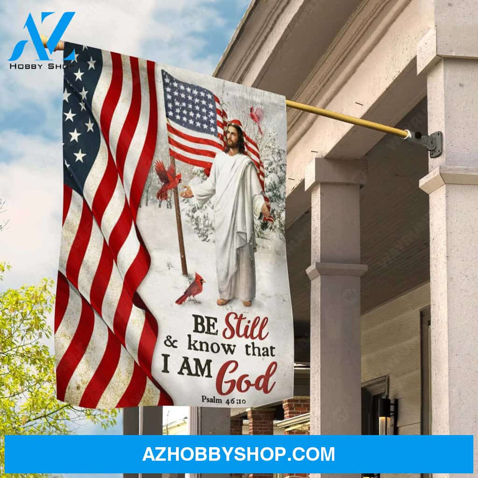 American flag, Red cardinal, Snow forest, Jesus painting, Be still & know that I am God - Jesus Flag