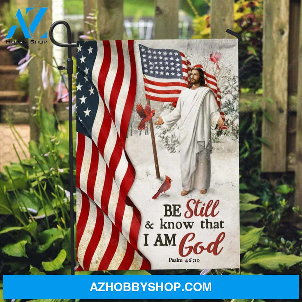 American flag, Red cardinal, Snow forest, Jesus painting, Be still & know that I am God - Jesus Flag