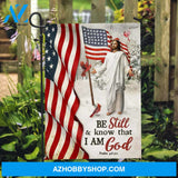 American flag, Red cardinal, Snow forest, Jesus painting, Be still & know that I am God - Jesus Flag