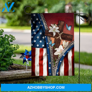 American flag, wooden cross and lily flowers - Jesus US Flag