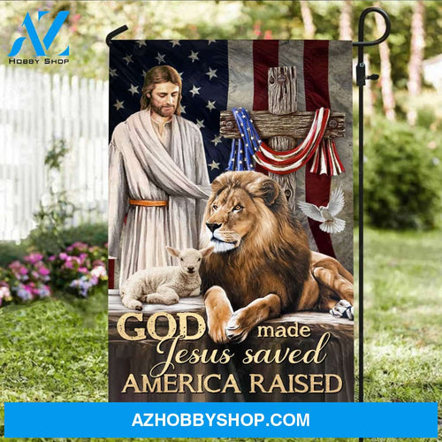 Animal of God, Big lion, Cute lamb, Cross symbol, God made Jesus saved America raised - Jesus Flag