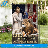 Animal of God, Big lion, Cute lamb, Cross symbol, God made Jesus saved America raised - Jesus Flag