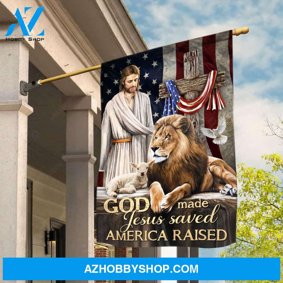 Animal of God, Big lion, Cute lamb, Cross symbol, God made Jesus saved America raised - Jesus Flag