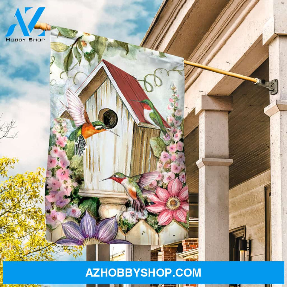 Antique birdhouse, Colorful hummingbird, Pink flower garden - Jesus Flag