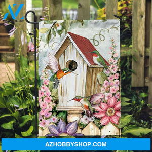 Antique birdhouse, Colorful hummingbird, Pink flower garden - Jesus Flag