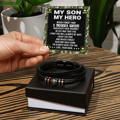 My Son My Hero From Mom Leather Bracelet - Gift Army Son From Mom