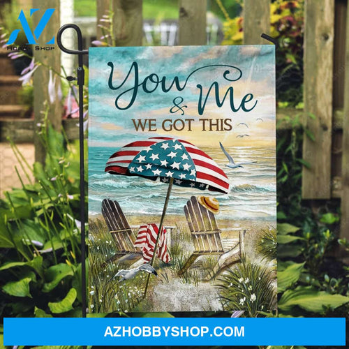 Beach umbrella, USA flag, Sunrise ocean, We got this - Couple Flag