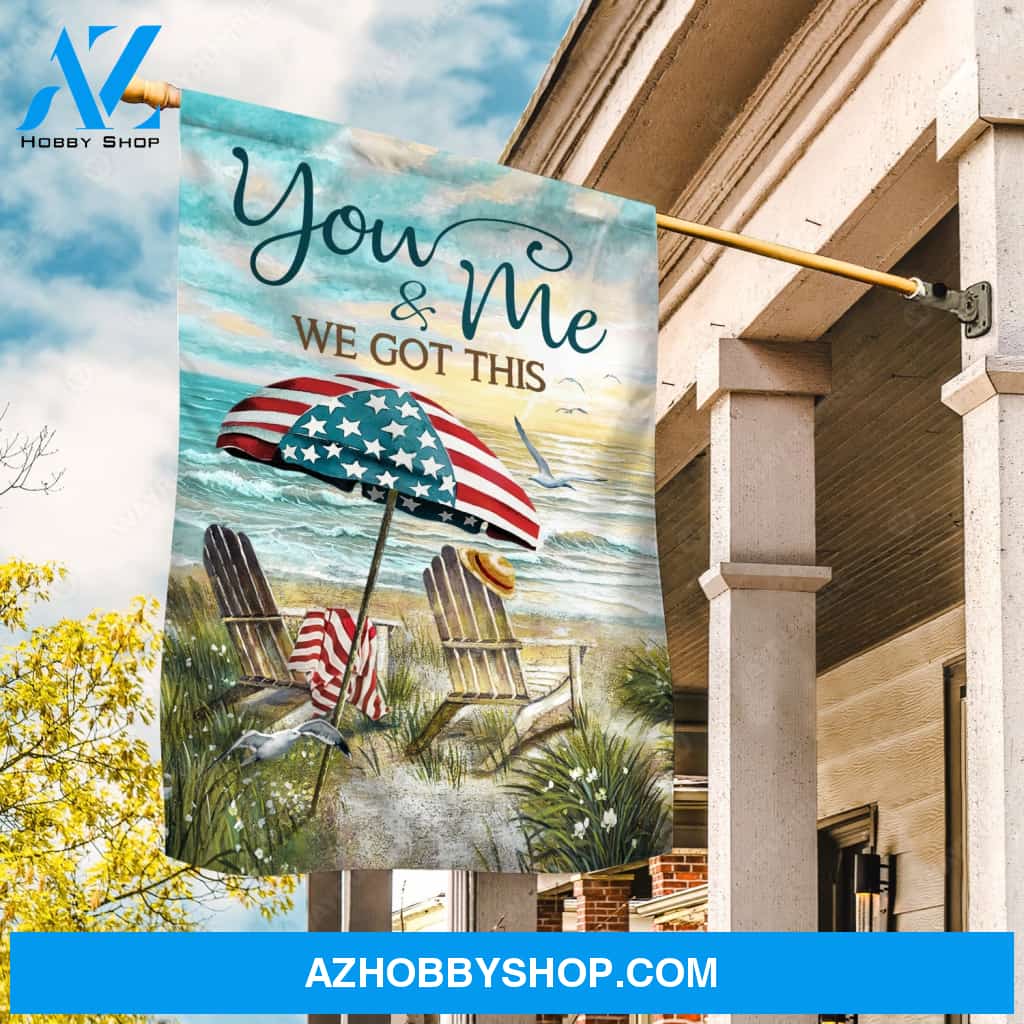 Beach umbrella, USA flag, Sunrise ocean, We got this - Couple Flag