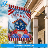 Beautiful birdhouse, Red cardinal, Colorful hydrangea, God bless America - Jesus Flag