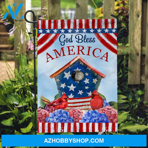 Beautiful birdhouse, Red cardinal, Colorful hydrangea, God bless America - Jesus Flag