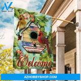 Beautiful cardinal, Colorful birdhouse, Red flower garden, Welcome - Family Flag