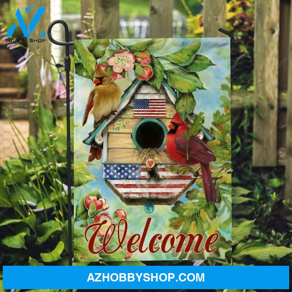 Beautiful cardinal, Colorful birdhouse, Red flower garden, Welcome - Family Flag