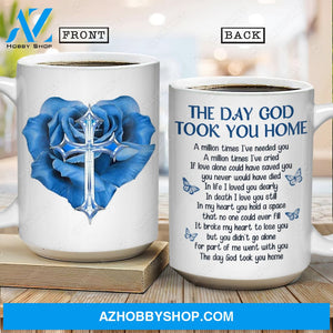 Beautiful cross, Blue rose flower, Pretty butterfly, The day God took you home - Heaven White Mug