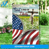 Beautiful daisy field, Brown cross, US flag, Sweet land of liberty - Jesus Flag