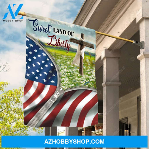 Beautiful daisy field, Brown cross, US flag, Sweet land of liberty - Jesus Flag