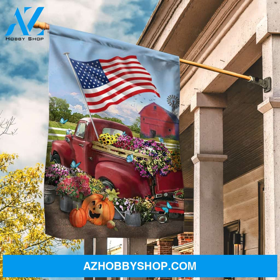 Beautiful flower garden, Pumpkin painting, US flag, Vintage ladybug car - Jesus Flag