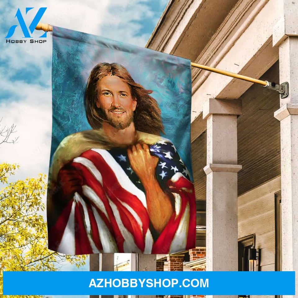 Beautiful Jesus drawing, Watercolor US flag, Blue background - Jesus Flag