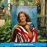 Beautiful Jesus drawing, Watercolor US flag, Blue background - Jesus Flag