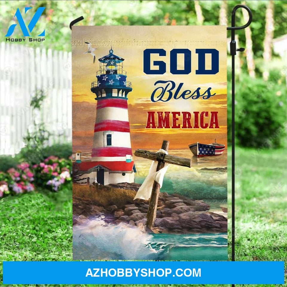 Beautiful lighthouse, Orange sunset, Cross symbol, God bless America - Jesus Flag