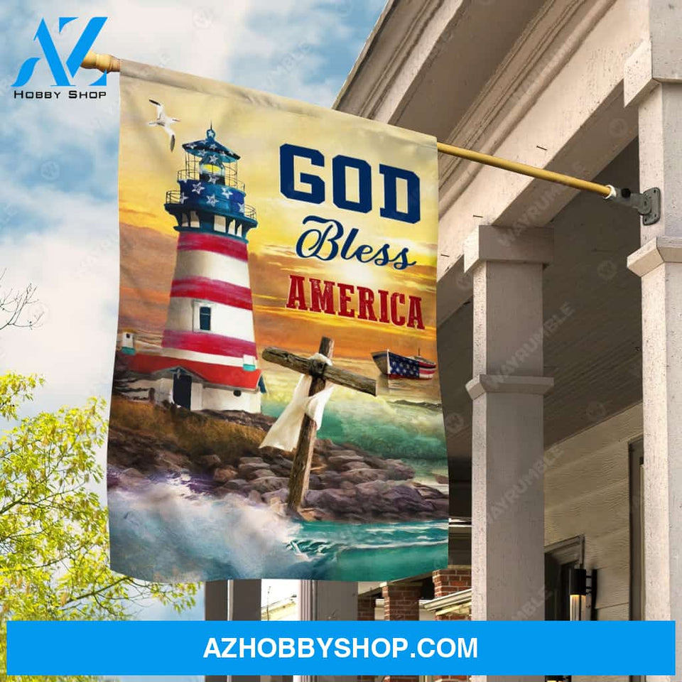 Beautiful lighthouse, Orange sunset, Cross symbol, God bless America - Jesus Flag