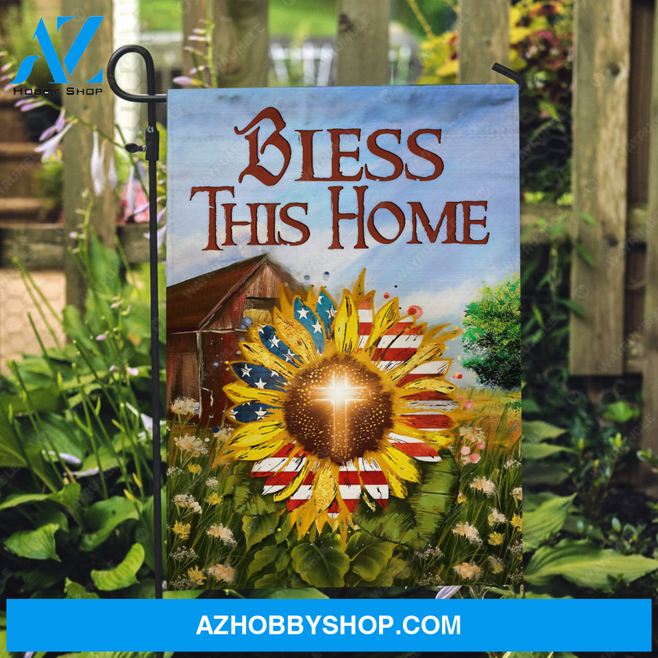 Beautiful sunflower, US flag, Green garden, Bless this home - Jesus Flag