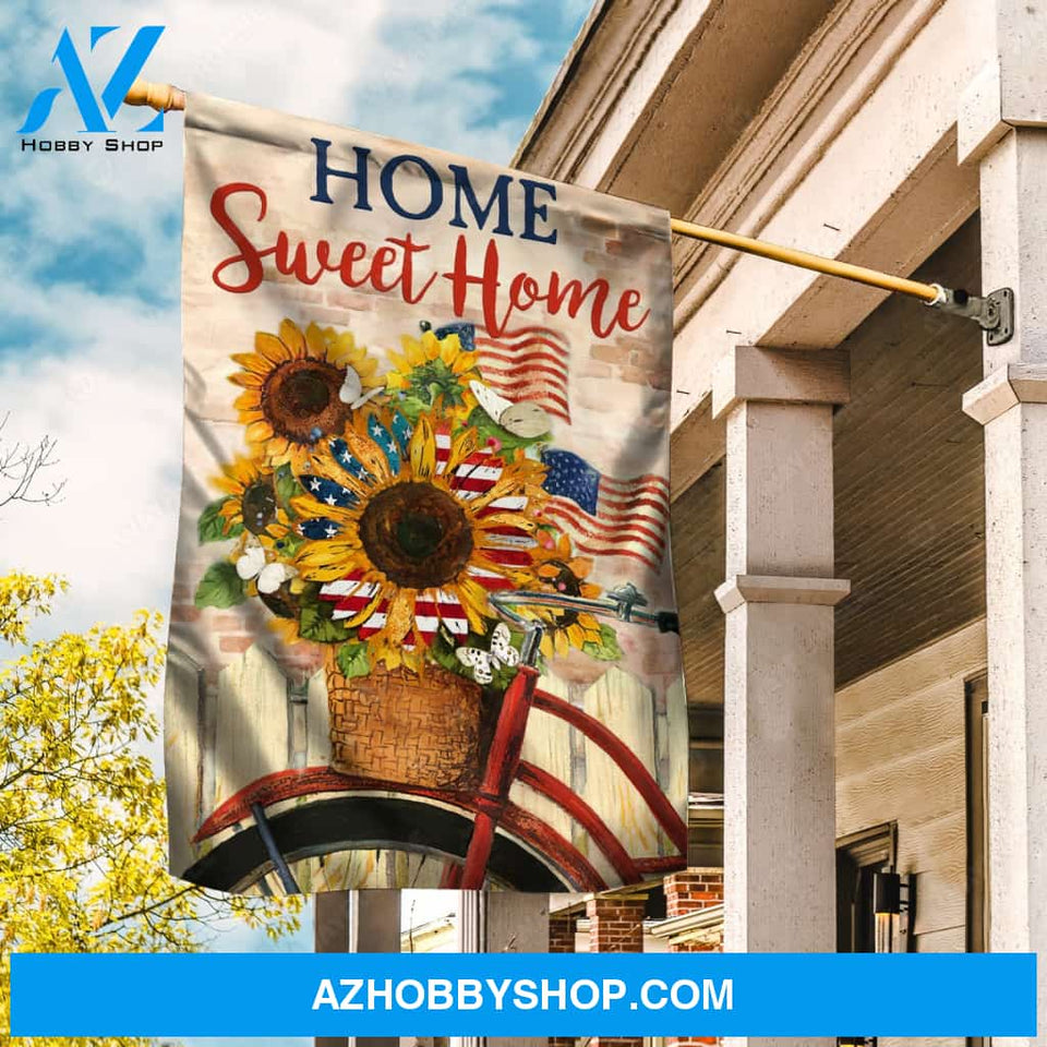 Beautiful sunflower vase, Red bicycle, US flag, Home sweet home - Family Flag