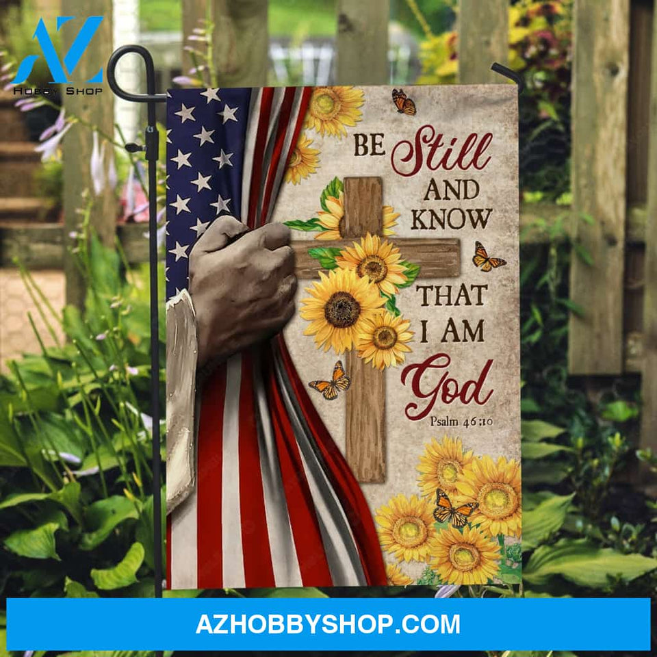 Beautiful sunflower, Wooden cross, Watercolor Jesus hand, Be still and know that I am God - Jesus Flag