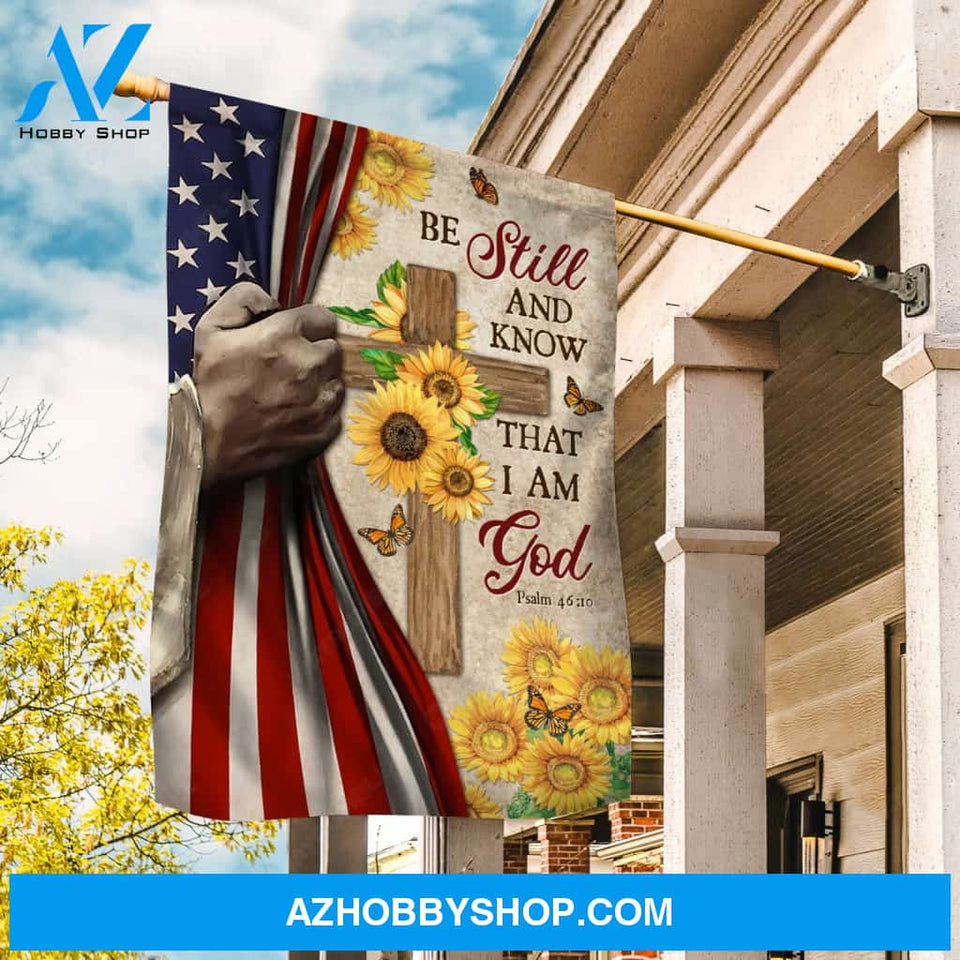 Beautiful sunflower, Wooden cross, Watercolor Jesus hand, Be still and know that I am God - Jesus Flag