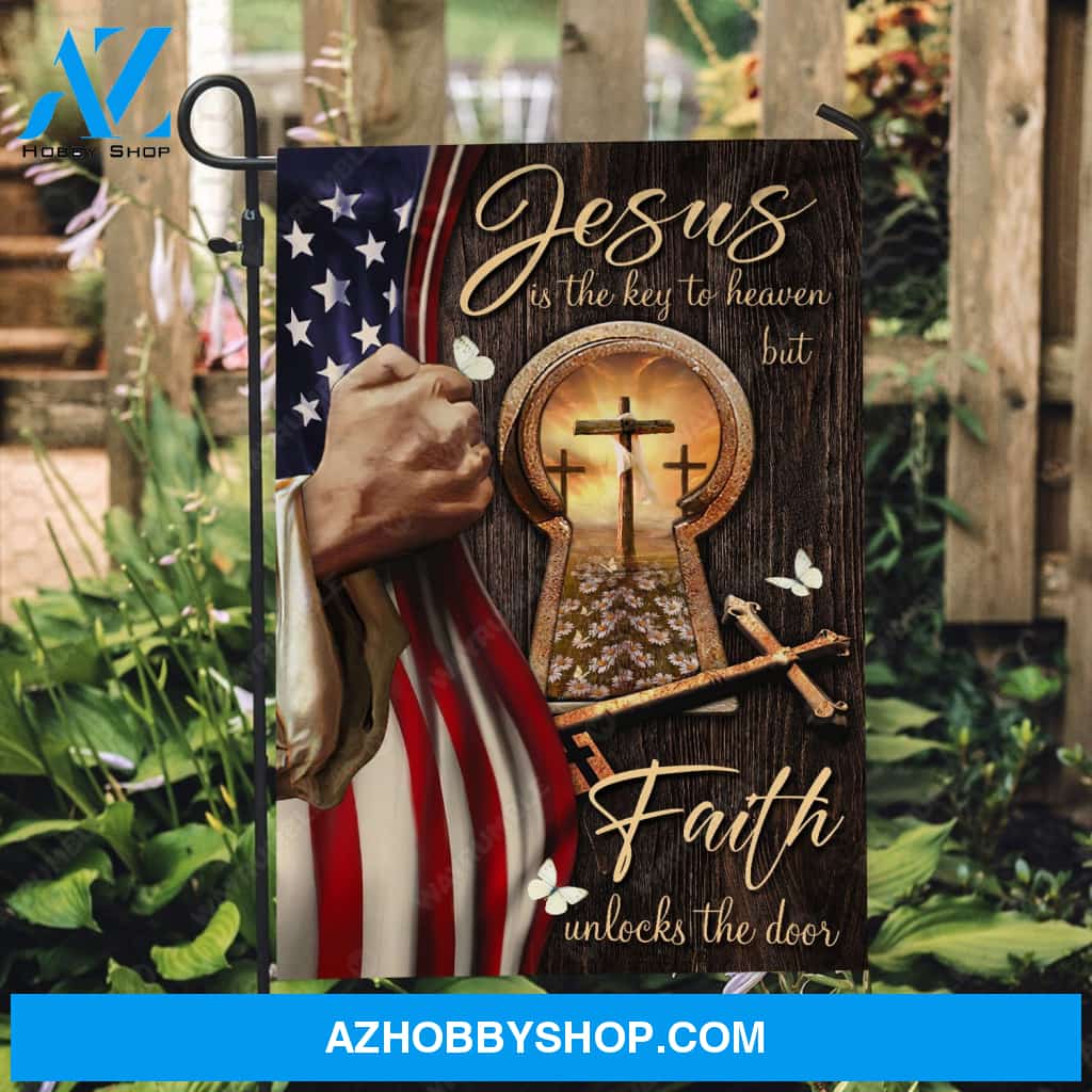 Beautiful US flag, Cross symbol, Golden key, Jesus is the key to heaven - Jesus Flag