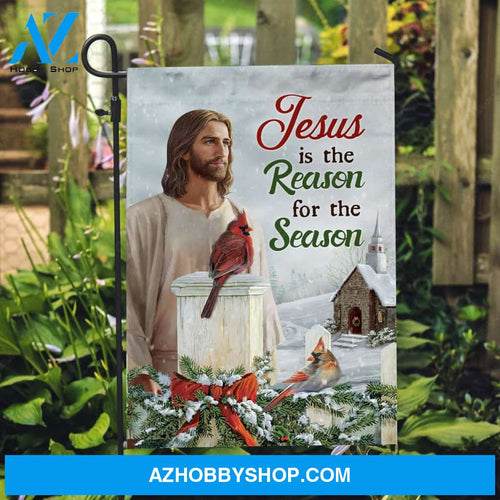 Beautiful winter painting, Red cardinal, Jesus is the reason for the season - Jesus Flag