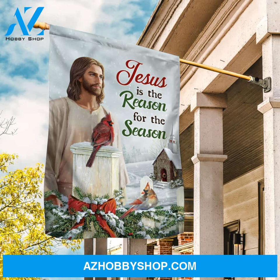 Beautiful winter painting, Red cardinal, Jesus is the reason for the season - Jesus Flag