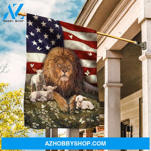 Big lion drawing, Little lamb artwork, Beautiful US flag, Daisy garden - Jesus Flag