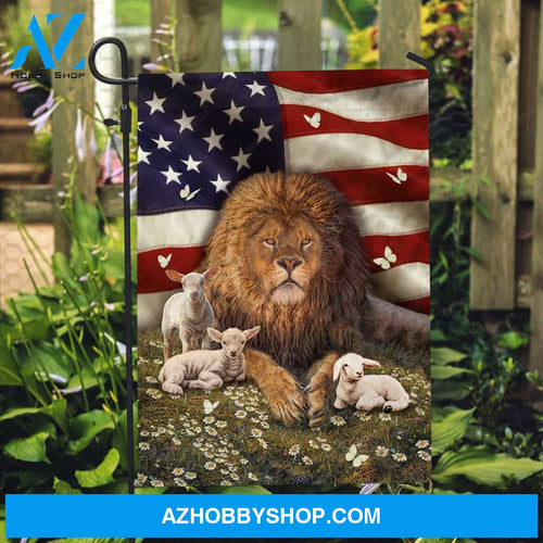 Big lion drawing, Little lamb artwork, Beautiful US flag, Daisy garden - Jesus Flag