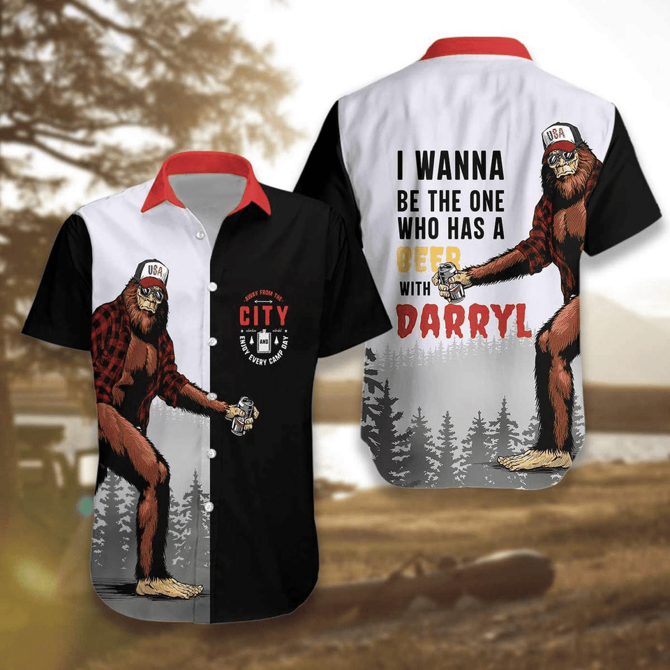 Bigfoot I Wanna Be The One Who Has A Beer With Darryl Hawaiian Graphic Print Short Sleeve 