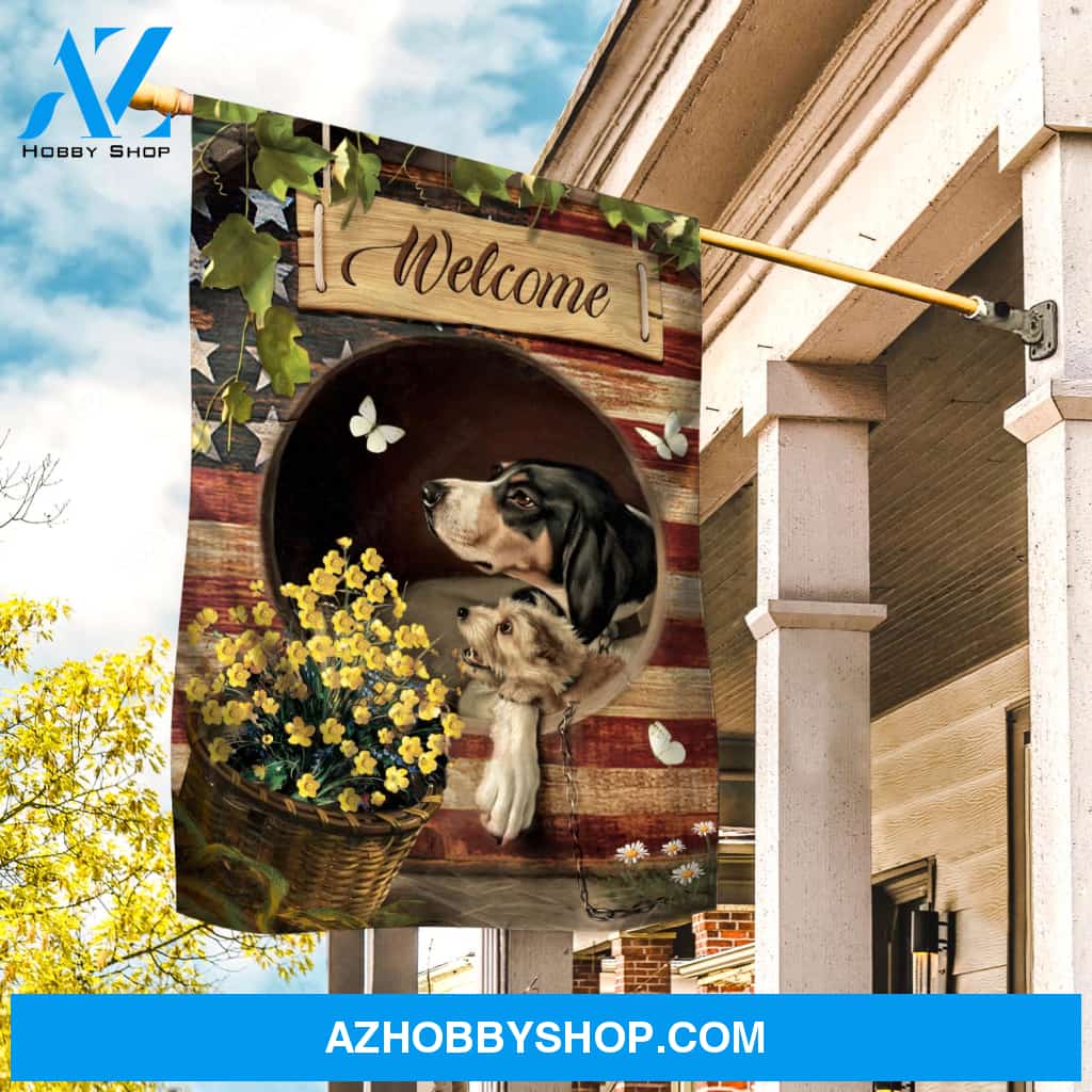 Black and tan coonhound, Pyrenean shepherd, Flower basket, Welcome - Dog Flag