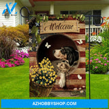 Black and tan coonhound, Pyrenean shepherd, Flower basket, Welcome - Dog Flag