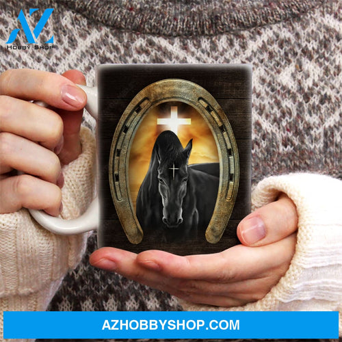 Black horse, Golden horseshoe, Cross symbol, Halo - Jesus AOP Mug