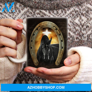Black horse, Golden horseshoe, Cross symbol, Halo - Jesus AOP Mug
