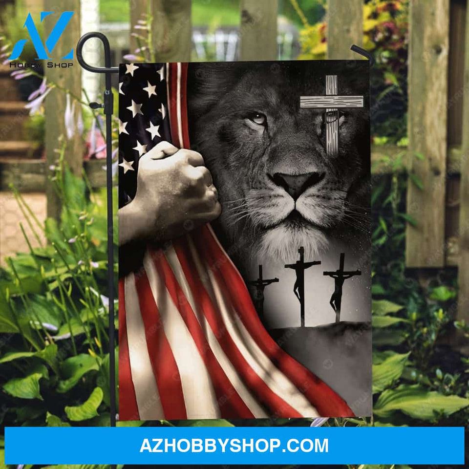 Black lion drawing, Cross symbol, US flag, Jesus's hand - Jesus Flag