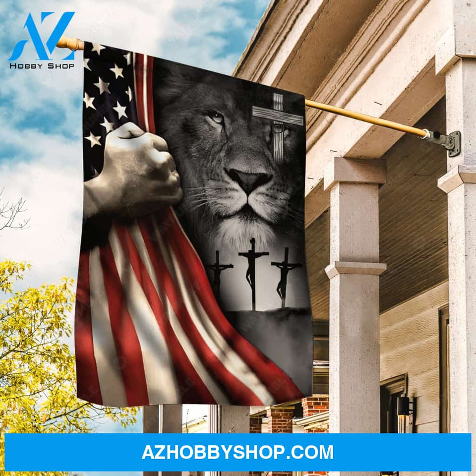 Black lion drawing, Cross symbol, US flag, Jesus's hand - Jesus Flag