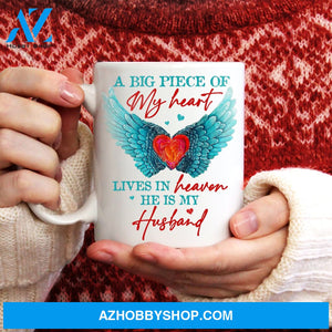 Blue angel wings, Red heart, A big piece of my heart lives in heaven, He is my husband - Heaven White Mug