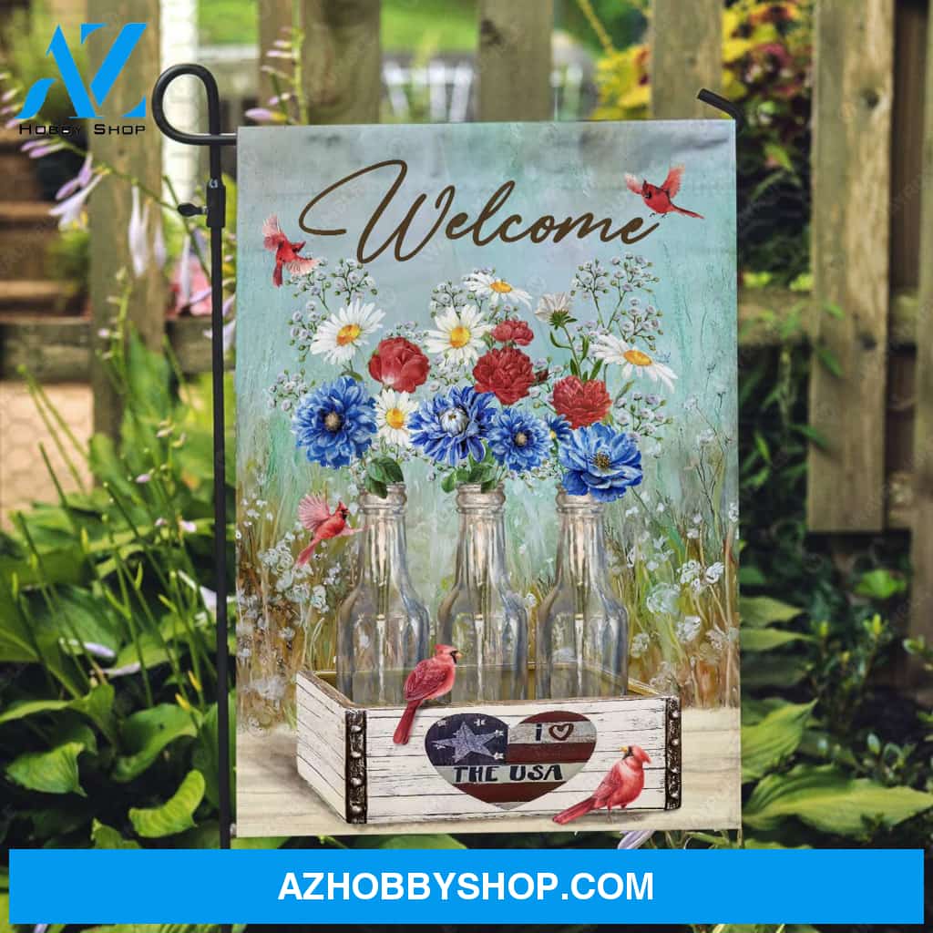 Blue chrysanthemum, Red rose, Daisy flower, Red cardinals, Glass bottle- Heaven Flag