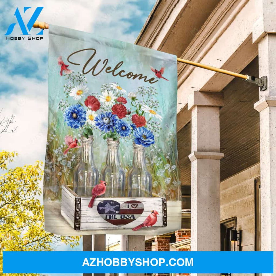 Blue chrysanthemum, Red rose, Daisy flower, Red cardinals, Glass bottle- Heaven Flag