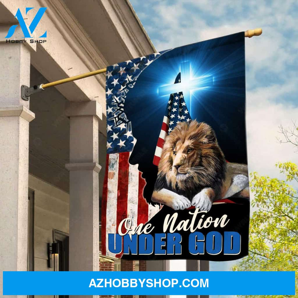 Blue cross, Watercolor lion, US flag symbol, One nation under God - Jesus Flag